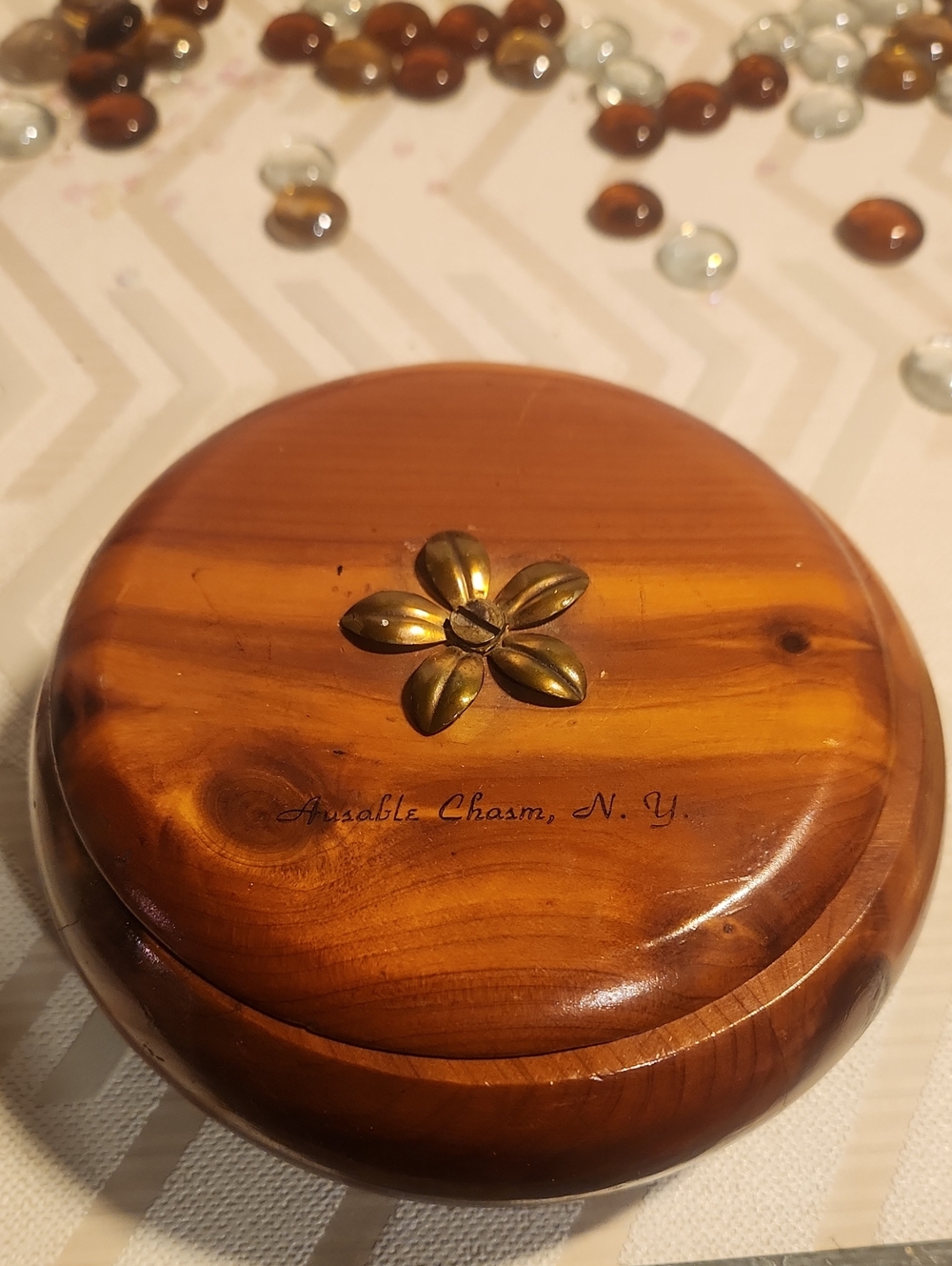 Wooden Decorative Trinket Box with Brass Flower Accent - Brown